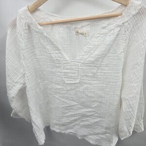 Natural Life White Gauze V-Neck Textured Cotton Long Sleeved Blouse Size Small